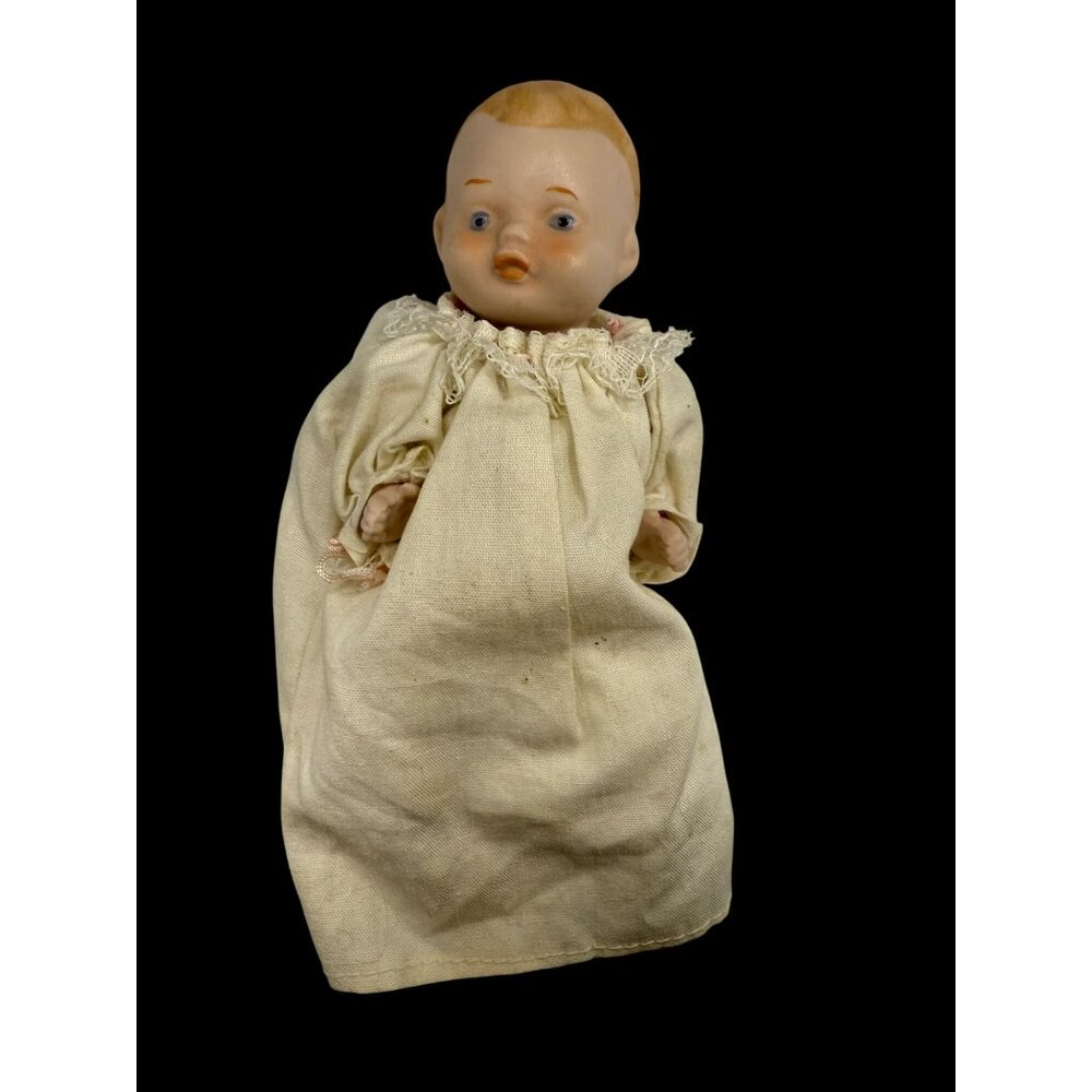 Antique Hand Dressed 6" Bisque Porcelain Baby Doll Cloth Dress - Occupied Japan